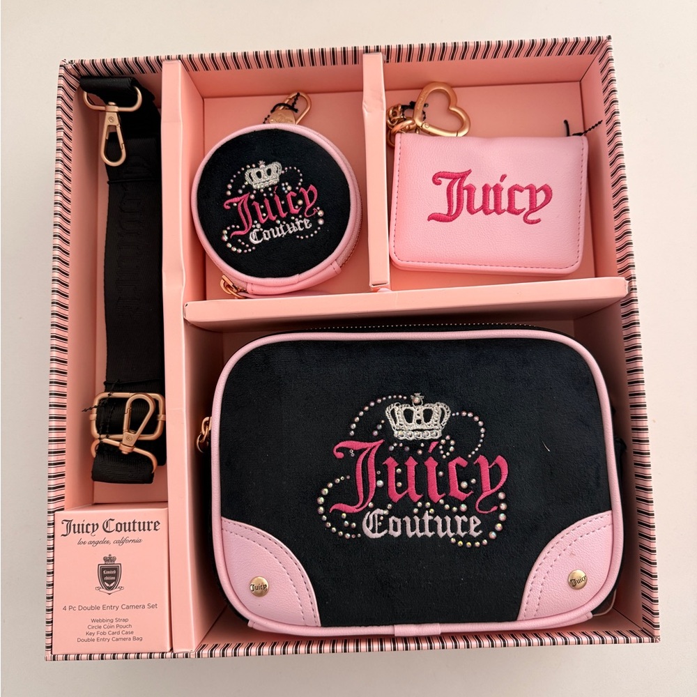 NIB Juicy Couture 4 Piece Camera Bag, Wallet, Coin Purse Crossbody, Black & Pink